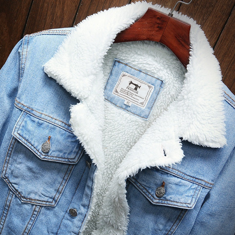 Winter Denim Jacket With Fluffy Collar For Men