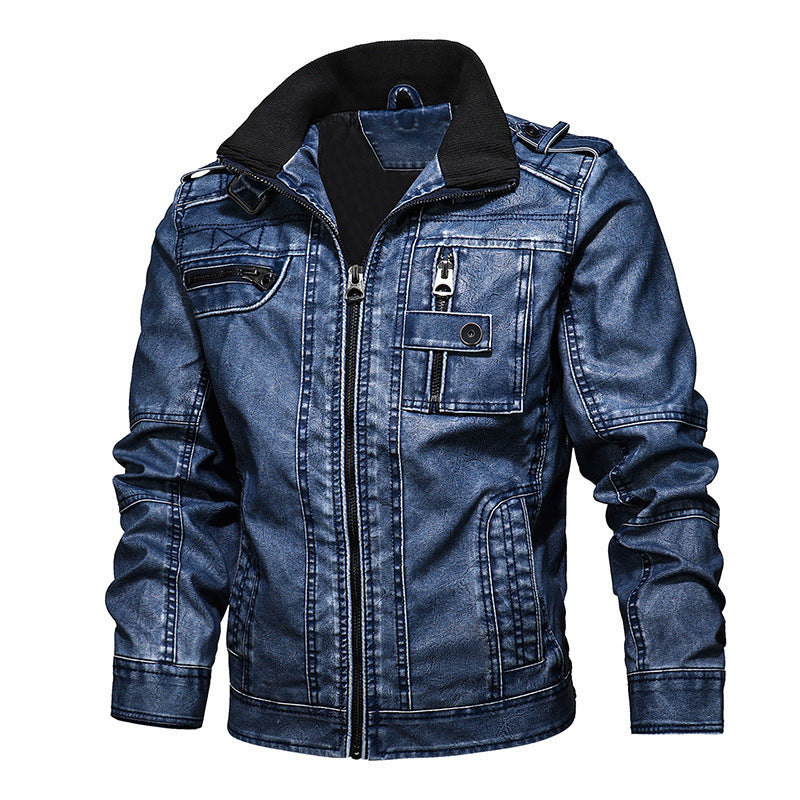 Denim Leather Men's Casual Leather Jacket 3D Stereo Tailoring Trend