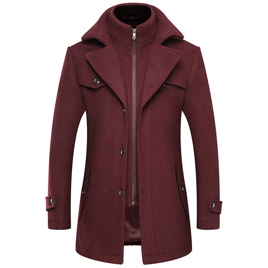 Double-Collar Woolen Coat For Men