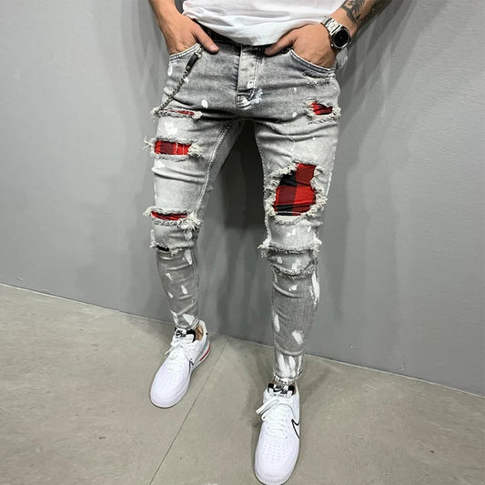 Men's Skinny Slim Fit Ripped Jeans With Fashion Grid Hole